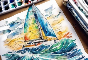Sailing Catamaran in Rough weather and waves tattoo idea