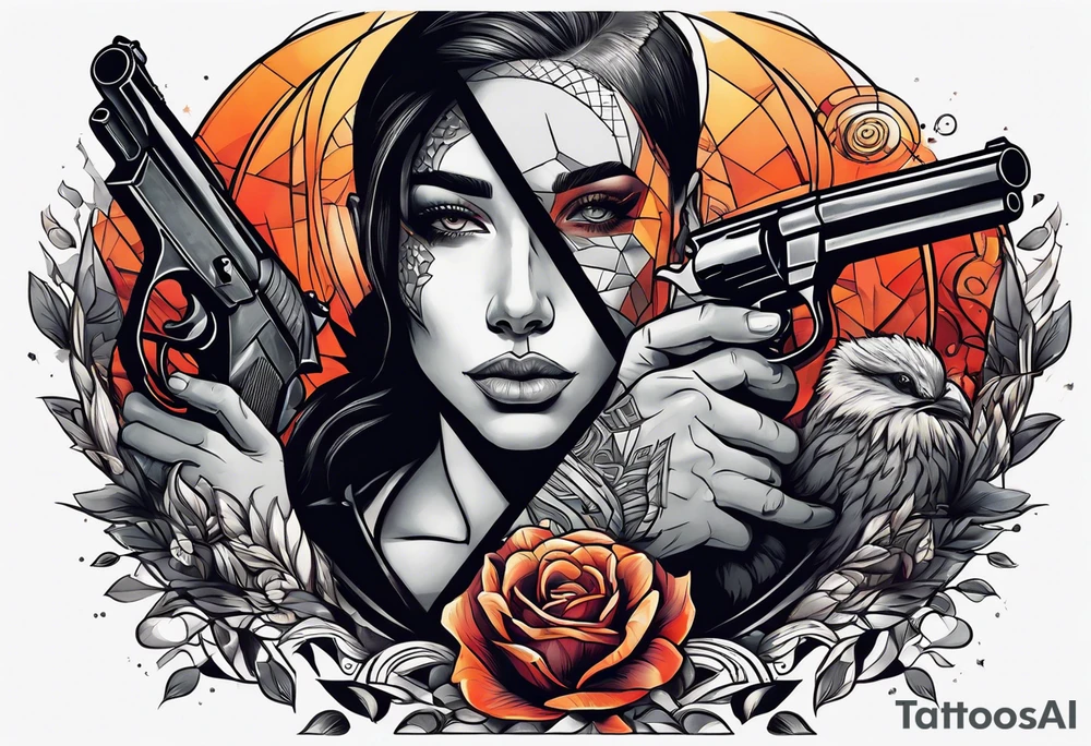 In the reflection of a eye two people holding guns one man dead on the ground with a wounded woman standing behind him tattoo idea