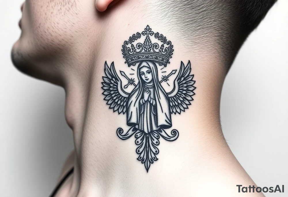 russian coat arms in a christian orthodox style virgin mary on the side of the neck tattoo idea