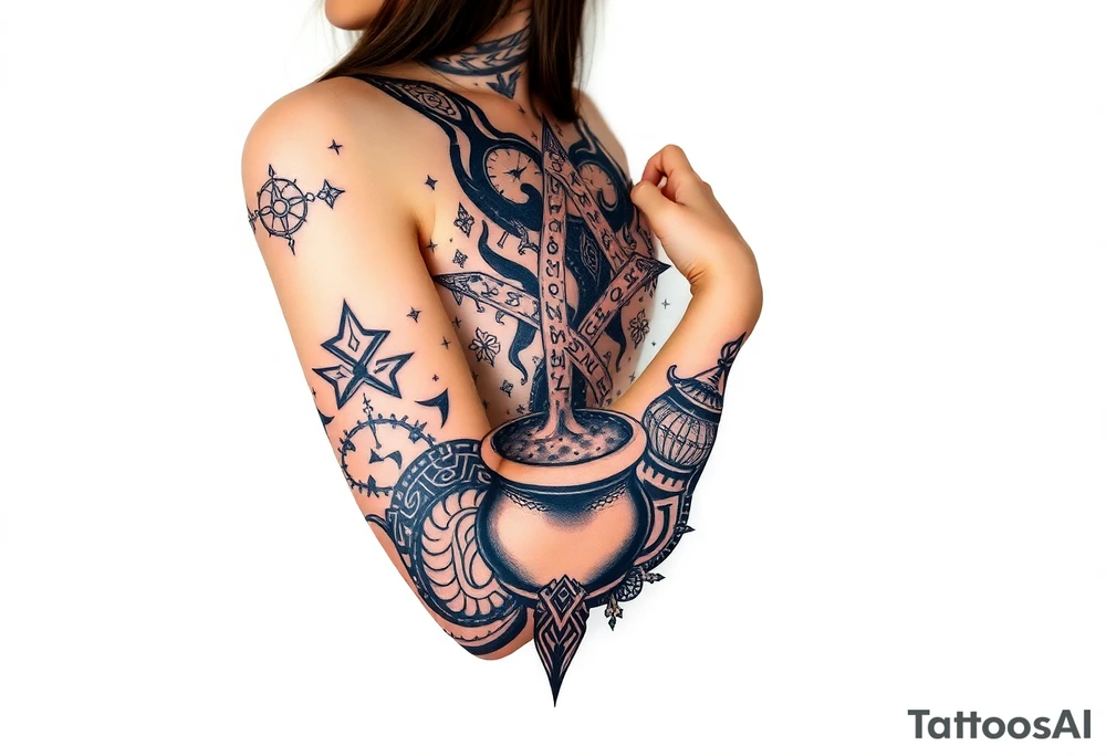 Milky way filled with zodiac symbols runes tarot cards coming out of a cauldron tattoo idea