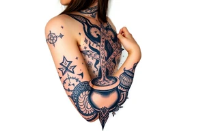 Milky way filled with zodiac symbols runes tarot cards coming out of a cauldron tattoo idea