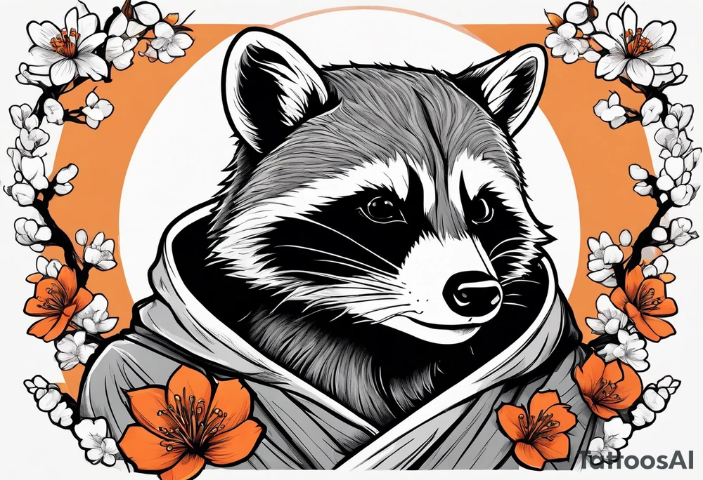 raccoon wearing a black and white Superman hoodie and orange Japanese cherry blossoms tattoo idea
