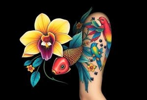 orchid flower ,  Coi fish and colorful birds tattoo idea