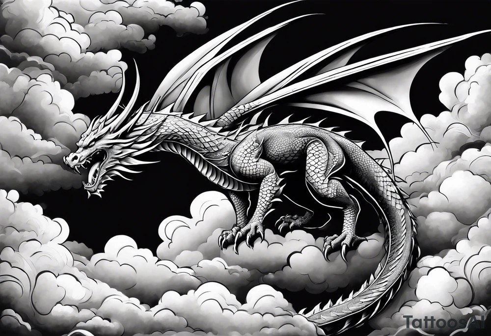 Dragon flying vertical through clouds tattoo idea