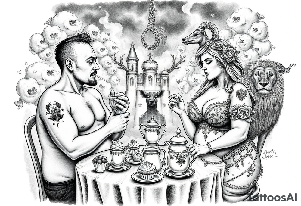 Naked Man and fat woman having sex eating cupcakes and  fruit  having sexy naked fat lady having a tea party with tea pots  with medieval castle  
with mystical  aries a pigs, peacock,  lion, goat, noose and smoking cigerettes looking in the mirror thru storm clouds and broken hearts and darkness and wrath, envy , gluttony, greed, sloth, pride . Gothic tattoo idea
