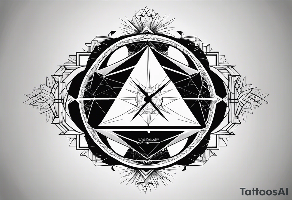 motivational depiction centered around the bold word “DISCIPLINE”, accompanied by phrases like “Be yourself”, “Get out of your mind”, and “Your time is limited”, along with a geometric illustration and radiating lines. tattoo idea