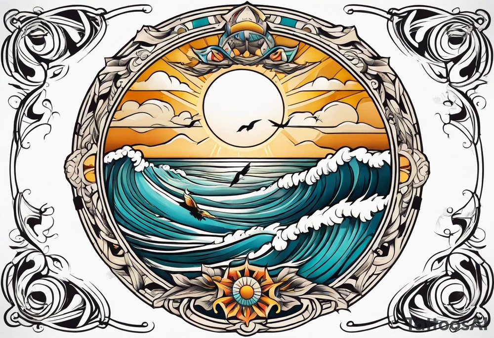 vintage traditional tattoo of ocean waves 
within a circle and banner across bottom deep waters sun birds
beach tattoo idea