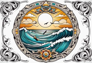 vintage traditional tattoo of ocean waves 
within a circle and banner across bottom deep waters sun birds
beach tattoo idea