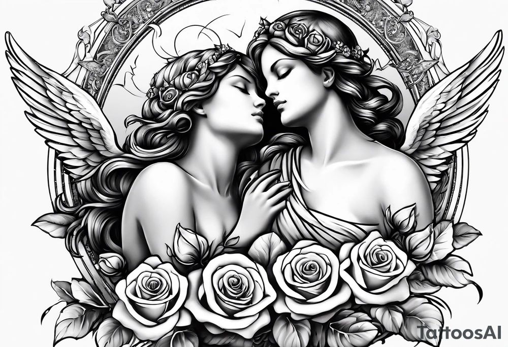 Angels and deamons realistic with roses doves to fit upper inner arm tattoo idea