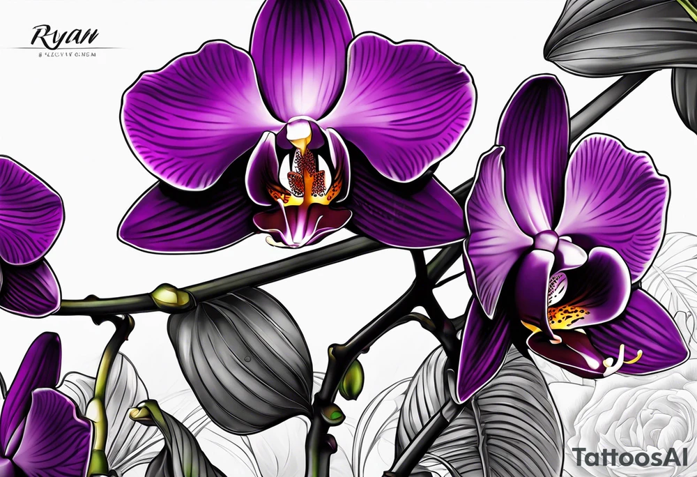 Dark purple orchid with the name Ryan in the stem tattoo idea