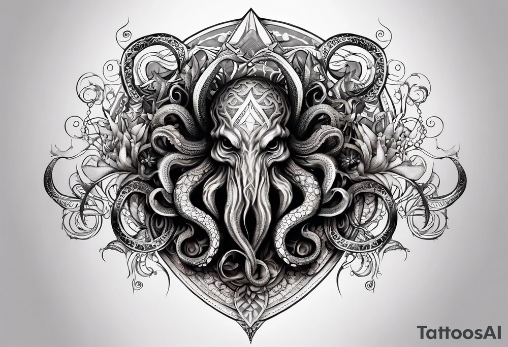 Long tattoo for forearm. Lovecraftian creature, with technological elements. Tentacles protect a heart. tattoo idea