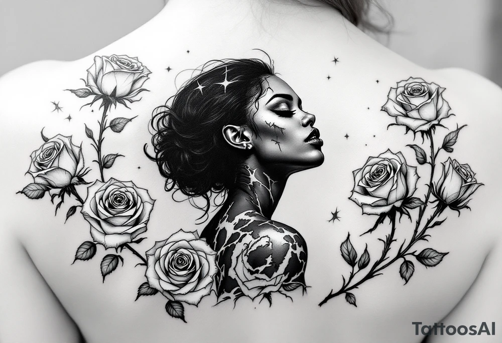 Broken Black woman surrounded by roses that shows the good and evil of humanity tattoo idea