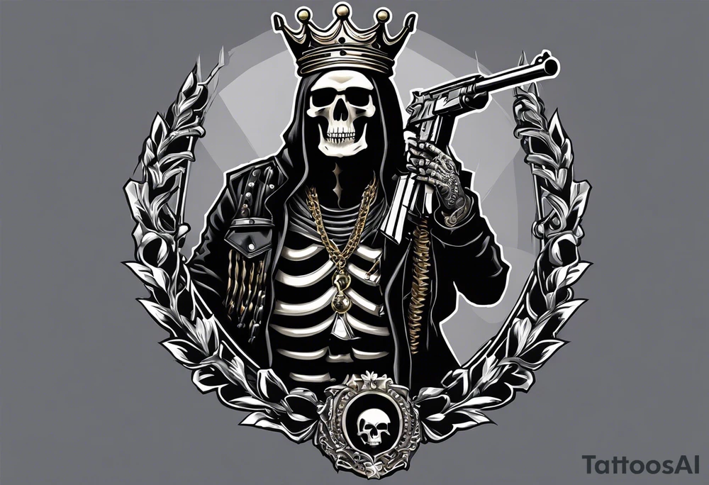 image of a skeleton standing frontally with a crown on his head, holding an AK-47 on his shoulder with his right hand. The chain on the left should be taut, there are three angry barking Dobermans in it, near the waist tattoo idea