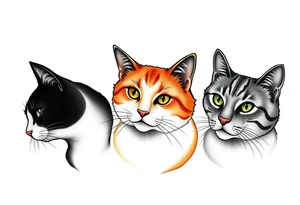 three cats, one black and white cat, one orange and white cat and one grey tabby cat tattoo idea