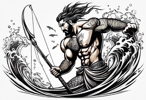 muscular
god 
posideon fighting a sport fish with a trident tattoo idea