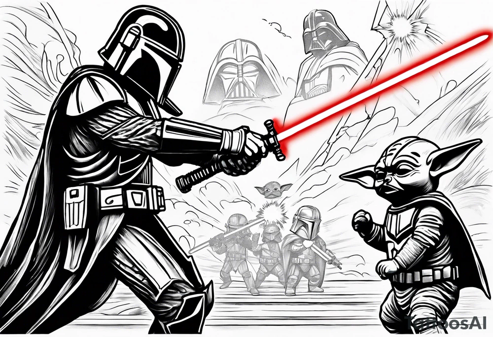 Baby grogu wearing mandalorian armor fighting Darth vader while wielding a red lightsaber tattoo idea