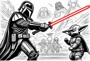 Baby grogu wearing mandalorian armor fighting Darth vader while wielding a red lightsaber tattoo idea