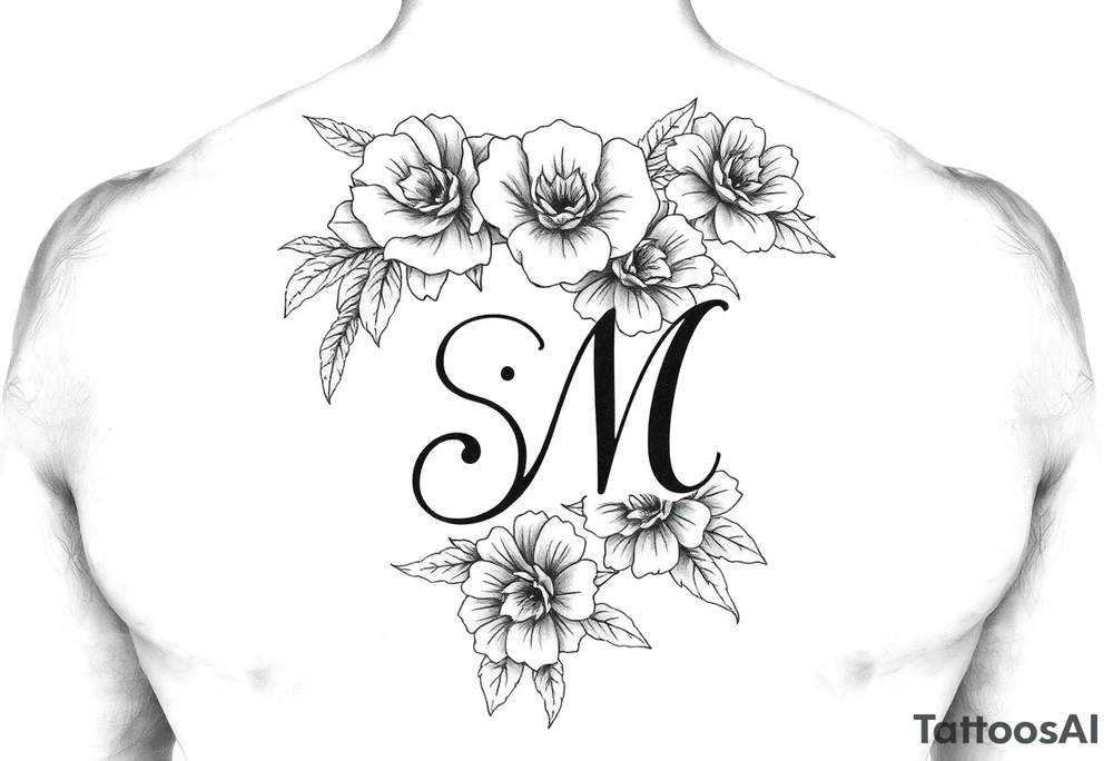 Floral arm sleeve with hidden letters S M tattoo idea