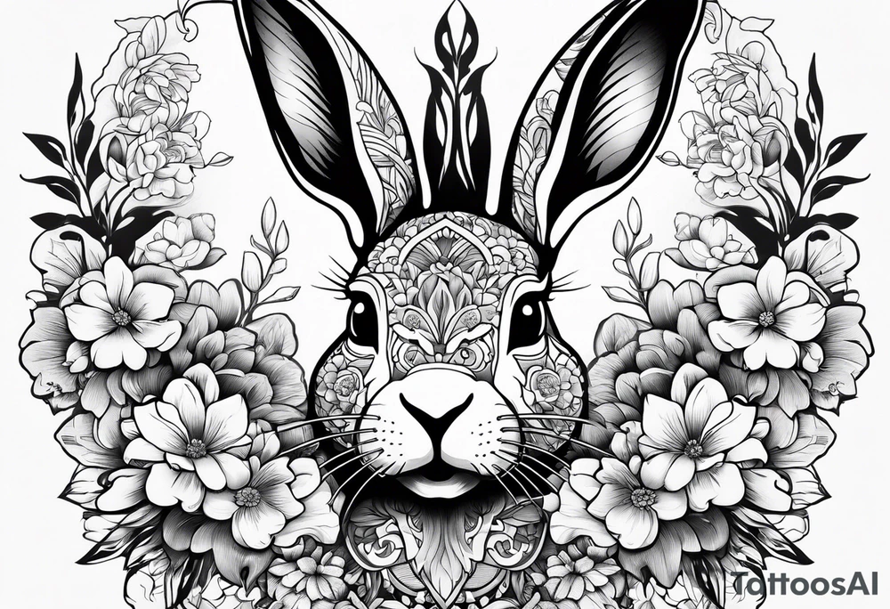 Rabbit head and flowers tattoo idea
