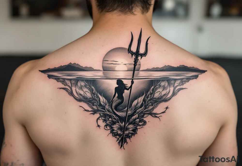 trident half way under calm water with mermaid and sunset tattoo idea