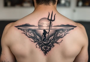 trident half way under calm water with mermaid and sunset tattoo idea