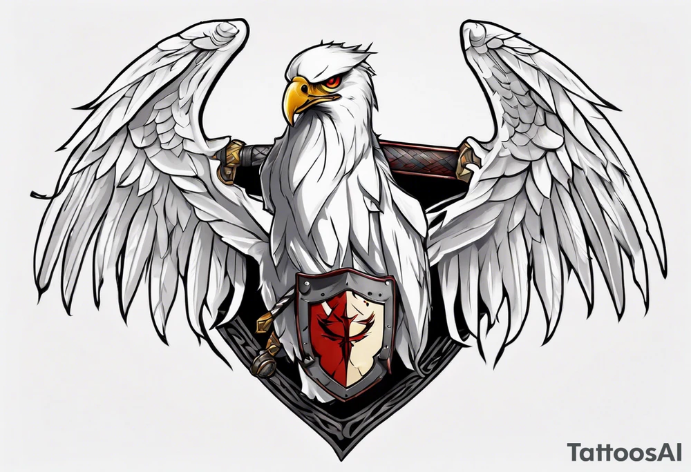 A white hawk with a sword and shield tattoo idea