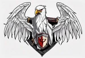 A white hawk with a sword and shield tattoo idea