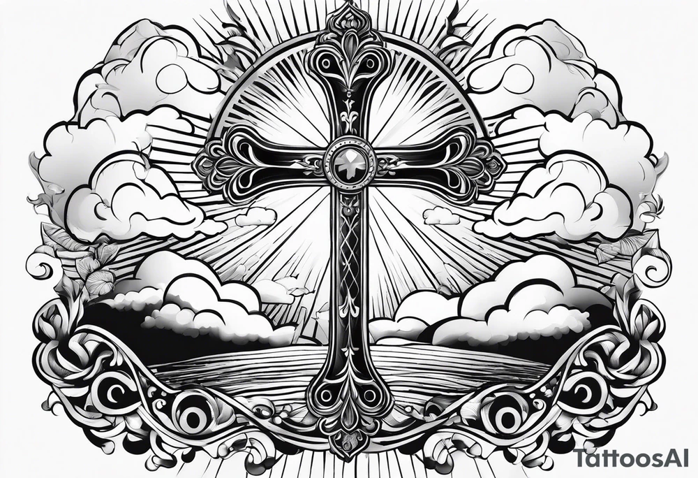 Cross with clouds and sun rays tattoo idea