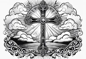 Cross with clouds and sun rays tattoo idea