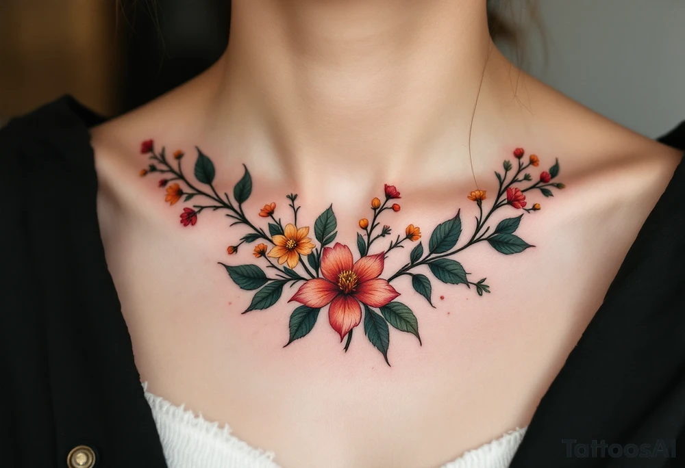 Two separate collarbone tattoos of long, stems and branches covered with red, orange, yellow and dark forest green leaves and flowers, academia, witchy, muted, delicate and gentle but moody, long and thin, following the collarbone. More muted, not so bright, darker colors. Fewer leaves, but larger leaves tattoo idea