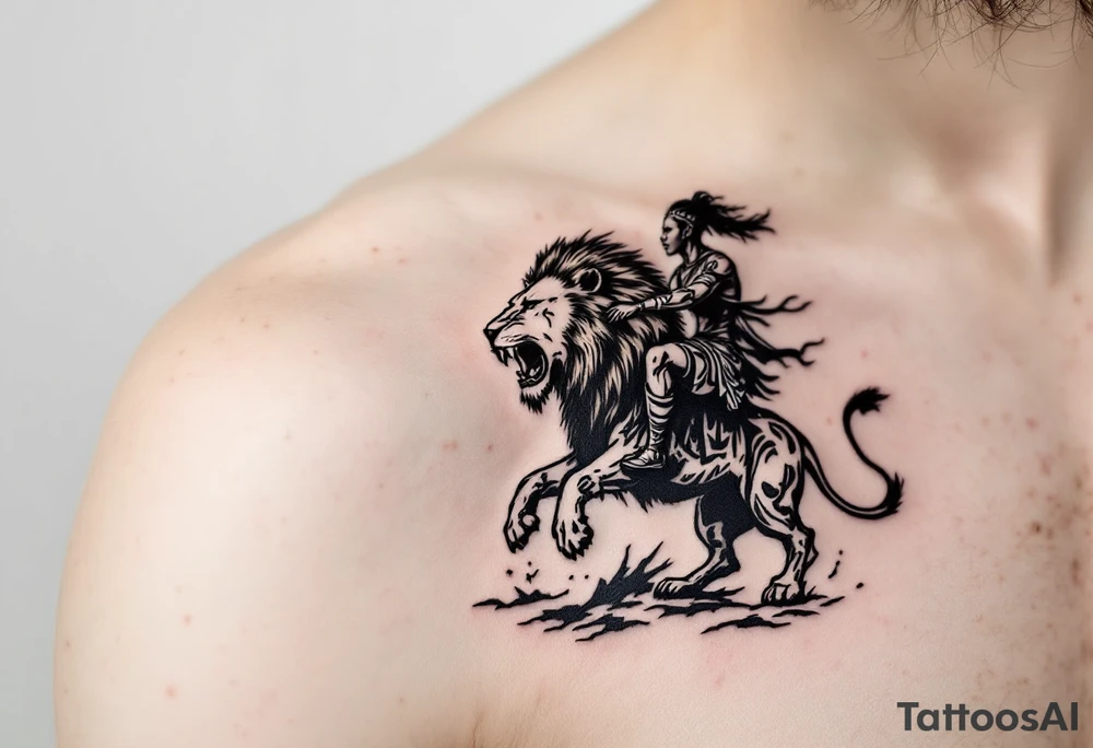 African tribal warrior riding on top of lion into battle tattoo idea