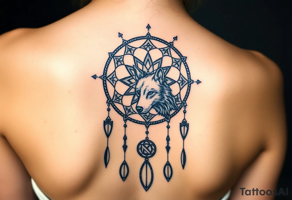 Dreamcatcher with zodiac symbols and protection runes caught in it with wolf teal tattoo idea