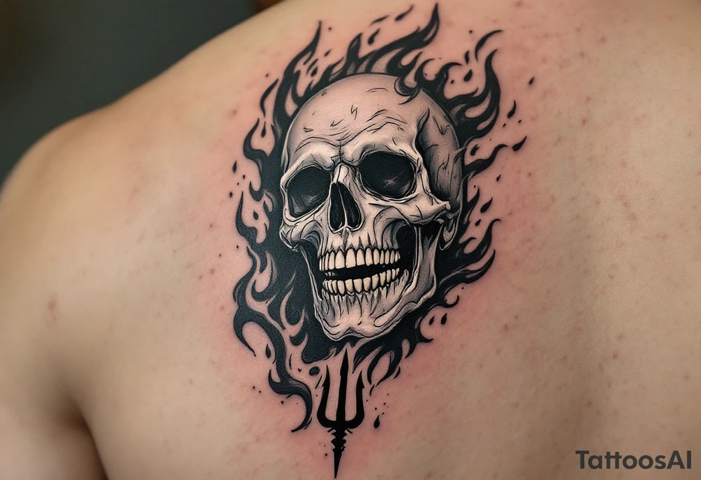 laughing skeleton with a trident, surrounded by fire and water tattoo idea