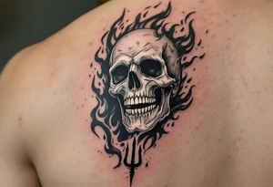 laughing skeleton with a trident, surrounded by fire and water tattoo idea