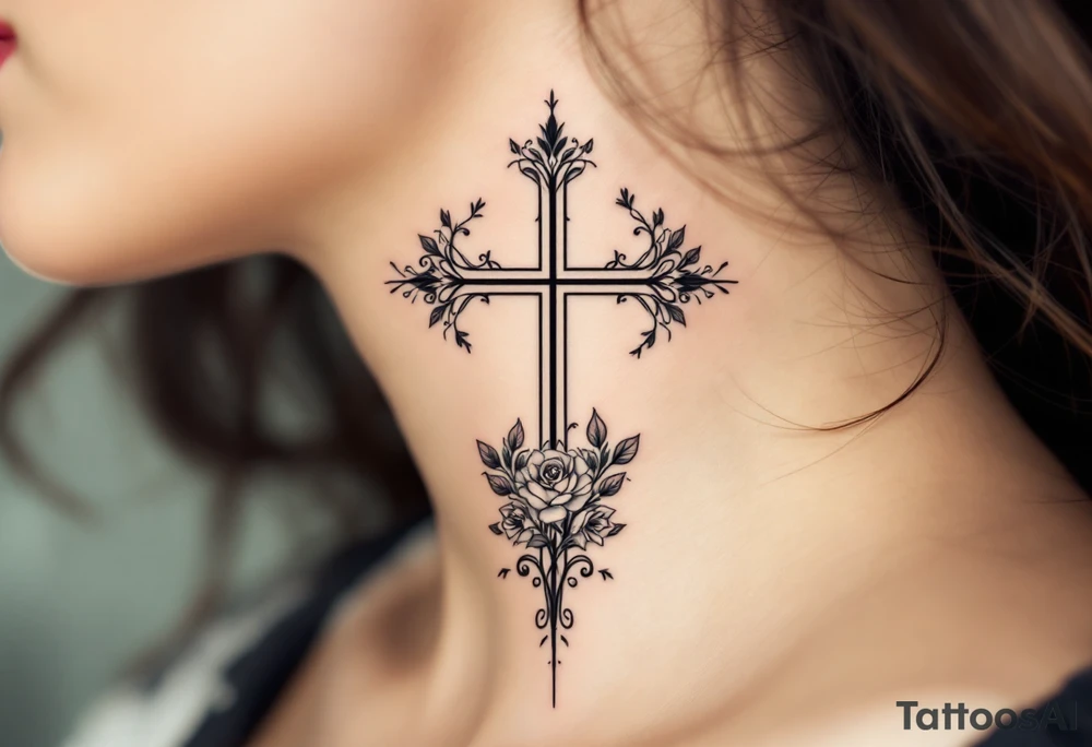 Geometric Cross with Floral Details – A black geometric cross with intricate vines and roses curling around the arms, shaded with light gray and deep green. tattoo idea