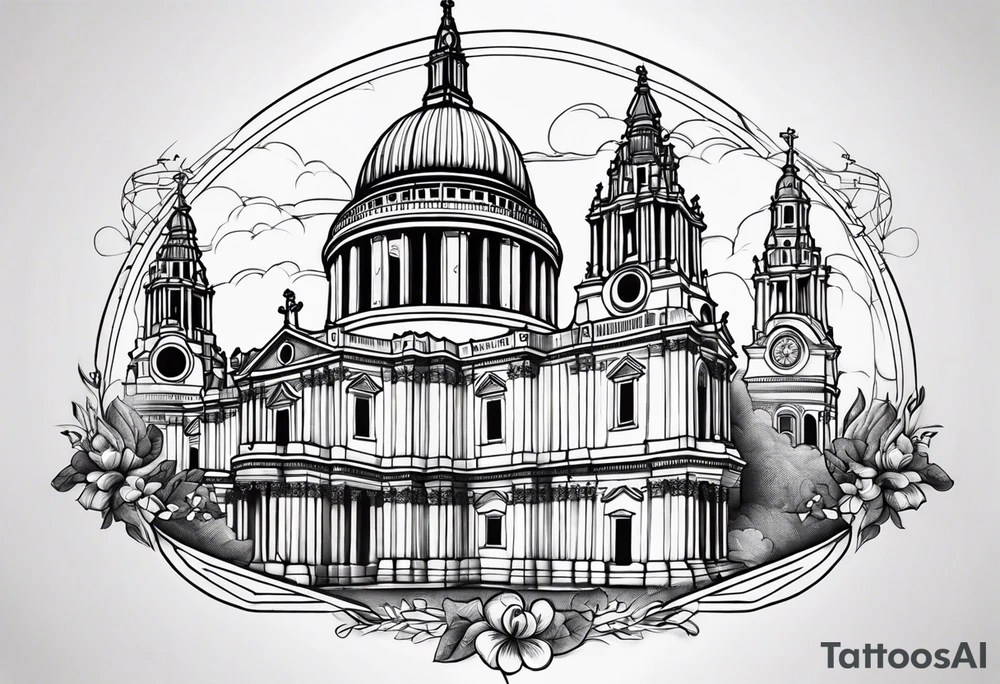 St. Paul tattoo with the interior of St. Paul’s cathedral in the back ground tattoo idea