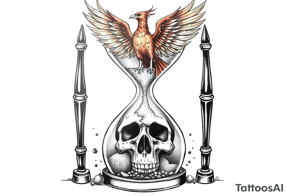 A cracked hourglass with the sands forming a skull below and a phoenix rising from the top. tattoo idea