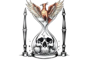 A cracked hourglass with the sands forming a skull below and a phoenix rising from the top. tattoo idea