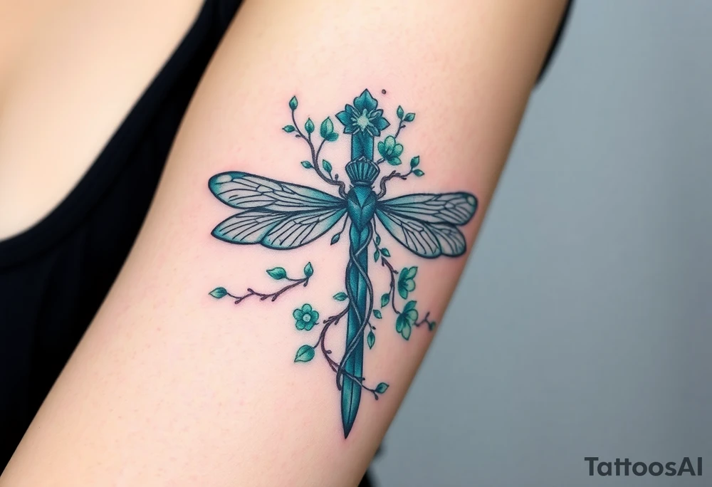 A cross made of twisting vines and flowers, with dragonfly-like wings in shades of teal and green tattoo idea