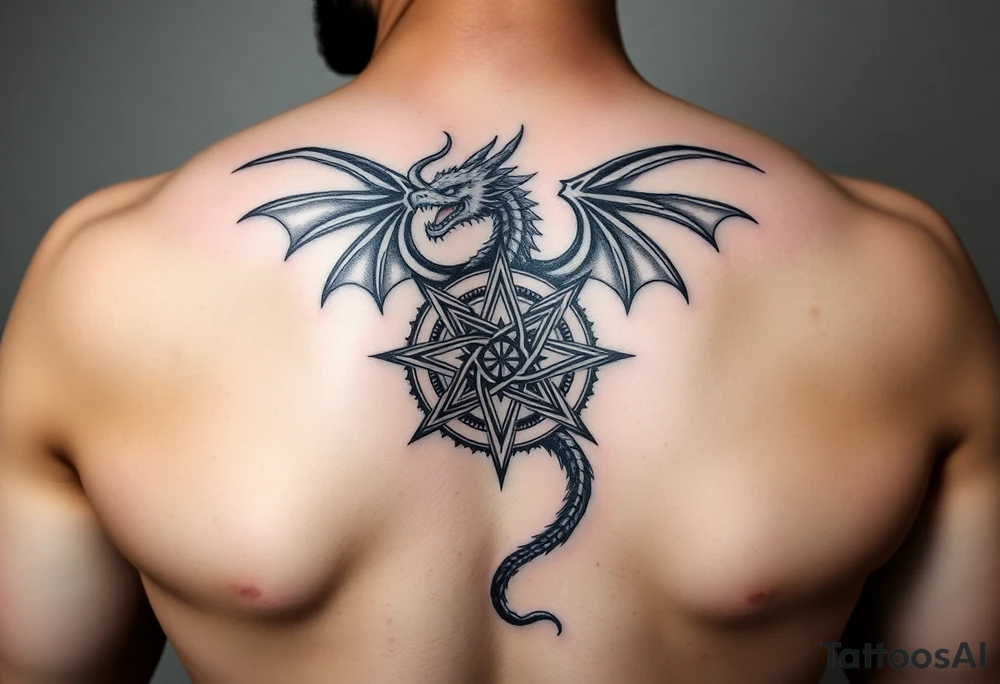 Masculine beautiful painterly dragon with celtic star tattoo idea
