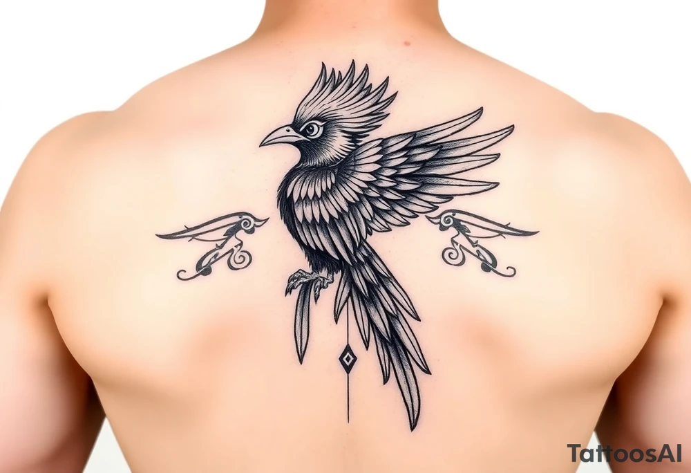 powerful majestic colorful quetzal bird with long feathers and mayan tribal signs tattoo idea