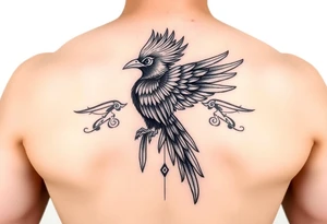 powerful majestic colorful quetzal bird with long feathers and mayan tribal signs tattoo idea
