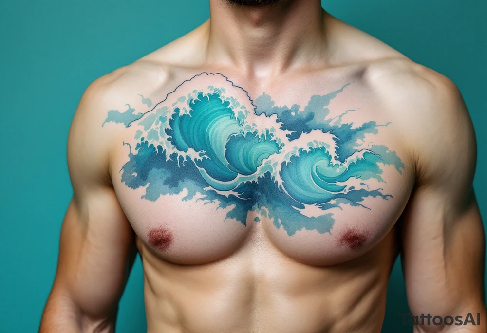 A wave outlined in black ink breaks across a background of soft teal watercolor. tattoo idea