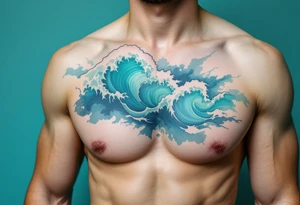 A wave outlined in black ink breaks across a background of soft teal watercolor. tattoo idea