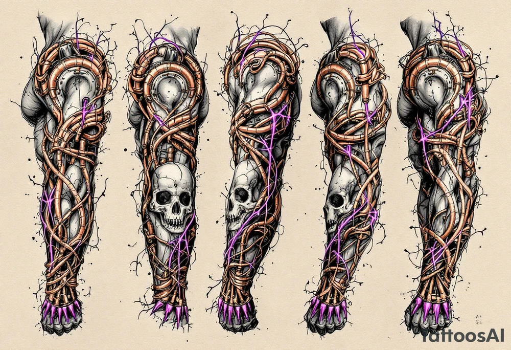 A  vivid design featuring copper tubes and violet plasma lines integrated into the skin’s anatomy. tattoo idea