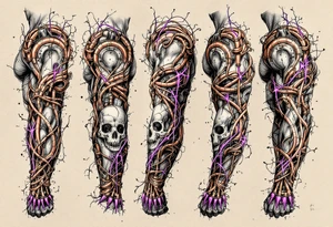 A  vivid design featuring copper tubes and violet plasma lines integrated into the skin’s anatomy. tattoo idea