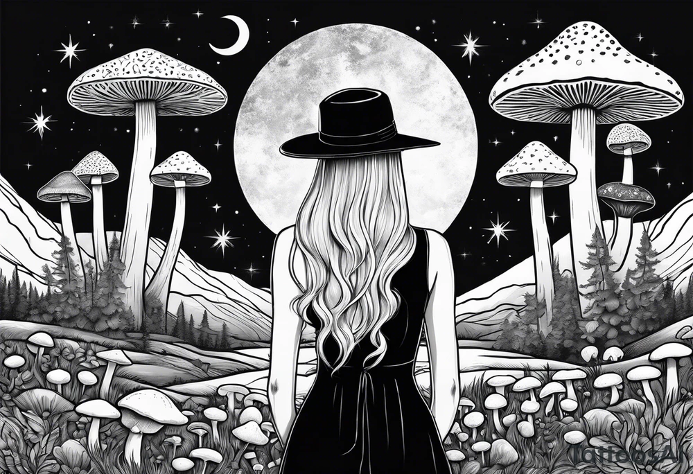 Straight blonde hair girl facing away toward mountains surrounded by mushrooms crescent moon circular design black dress mushroom hat tattoo idea