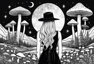 Straight blonde hair girl facing away toward mountains surrounded by mushrooms crescent moon circular design black dress mushroom hat tattoo idea