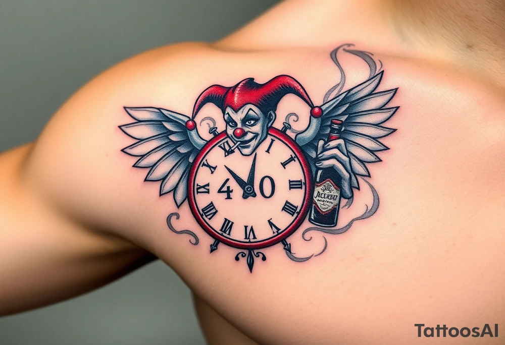 a jester clown floating in smoke with a  clock, the time says 420,  with two open wings besides the clock, smoke as the spring rising from the clock, a jester clown coming out the smoke, smoking in one hand with a liquor bottle on the other hand tattoo idea