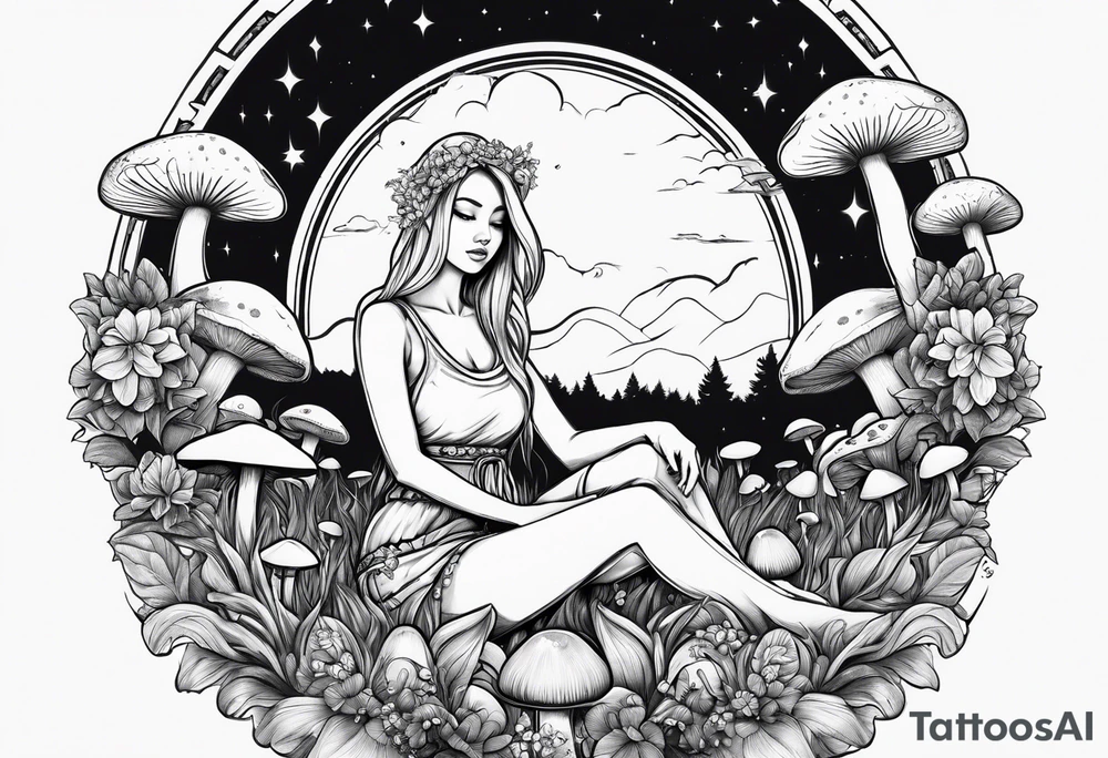 Blonde Girl sitting lotus position in field of mushrooms tattoo idea